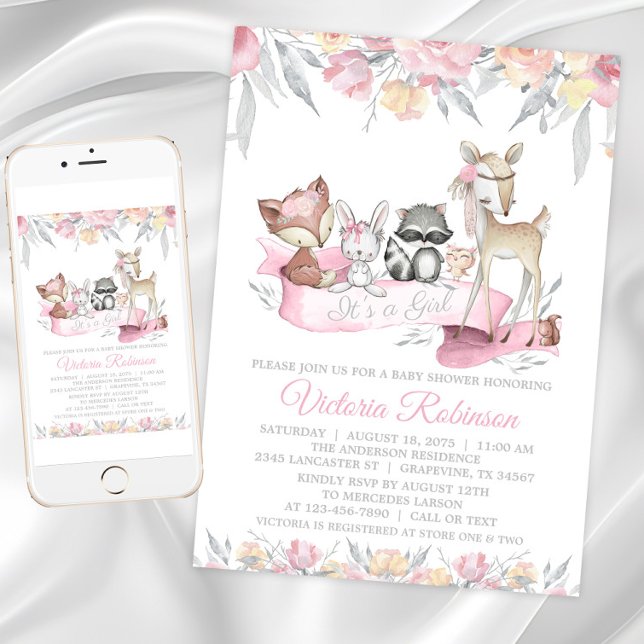 Girl Woodland Animals Kinderdusche Einladung (Girls sweet woodland baby shower invitation. Instant download and printed invitations available.)