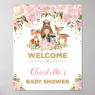 Girl Woodland Baby Dusche Rosa BläserBegrüßungszei Poster