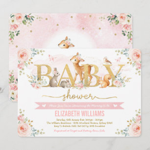 Girl Woodland Baby Dusche Rosa Blumenwald Einladung