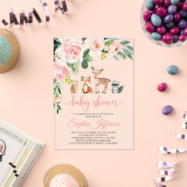Girl Woodland Baby Shower Forest Animals Pink Rose Acryleinladungen (Insitu (Feier))