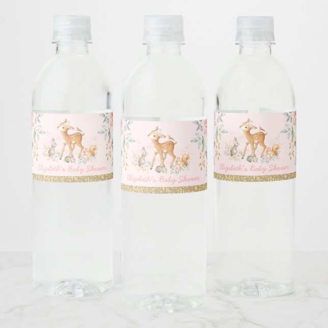Girl Woodland Blush Pink Gold Floral Baby Dusche Wasserflaschenetikett (Flaschen)