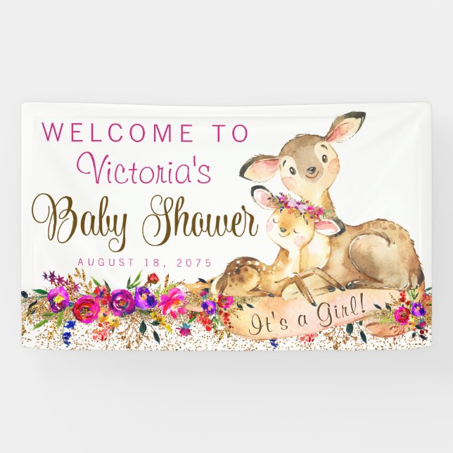 Girl Woodland Deer Baby Duschbanner Banner (Horizontal)