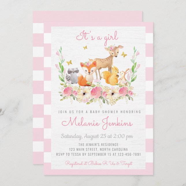 Girl Woodland Deer Baby Shower Einladung (Vorne/Hinten)