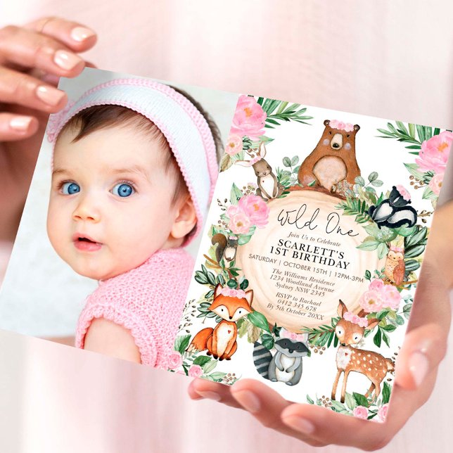 Girl Woodland Forest Pink Floral Wild Ein Geburtst Einladung (Von Creator hochgeladen)
