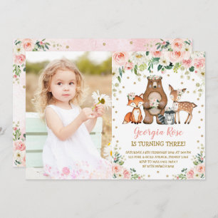 Girl Woodland Tiere Geburtstag Peach Blush Floral Einladung