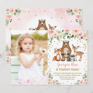 Girl Woodland Tiere Geburtstag Peach Blush Floral Einladung