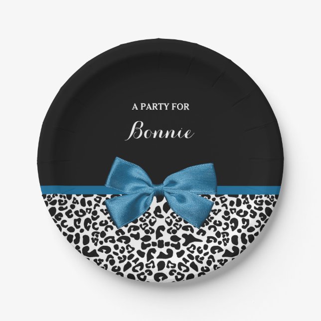Girlaname Leopard Print Hübsch Blue Ribbon Bow Pappteller (Vorderseite)