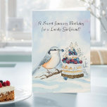 Girlfriend Frohes Januar-Geburtstag Kleiber Vogel Karte<br><div class="desc">Entworfen,  um einer geschätzten Freundin zu ehren,  zeigt diese Januar-Geburtstagskarte eine ruhige Winterlandschaft mit einem Rotbrustkleiber,  der eine sanfte Note zu einem Vanillekuchen mit Blaubeeren und Himbeeren hinzufügt. Handgemalt mit Wasserfarben und Feder,  bietet sie eine durchdachte Mischung aus Natur,  Wärme und künstlerischem Detail für ihren besonderen Tag.</div>
