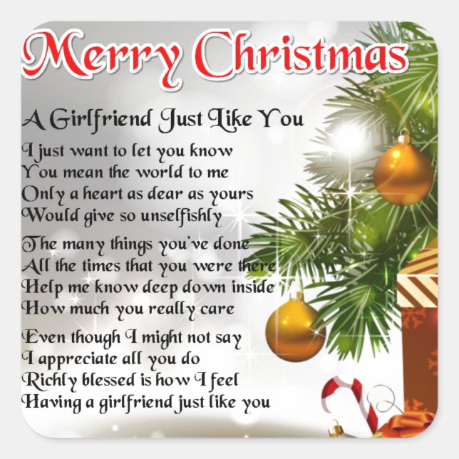 Girlfriend Poem - Weihnachtsdesign Quadratischer Aufkleber (Vorderseite)