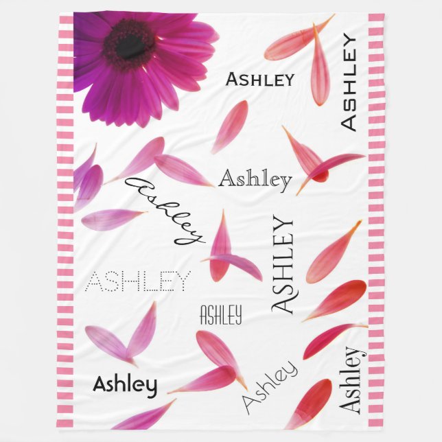 Girlie Pink Streifen mit Blume und Name Fleecedecke (Vorderseite)