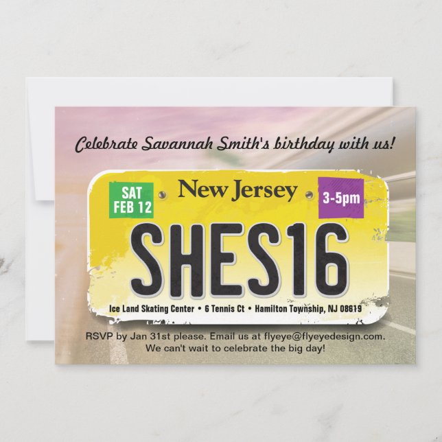 Girl's 16. Geburtstag New Jersey Lizenz Einladung (Vorderseite)