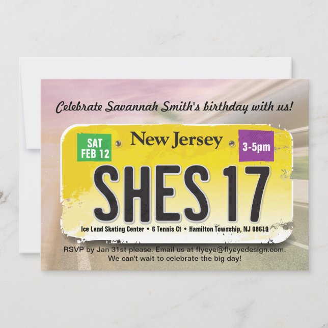 Girl's 17. Geburtstag New Jersey Lizenz Einladung (Vorderseite)