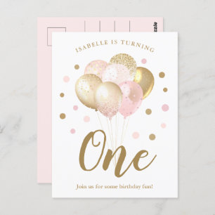 Girls 1. Geburtstag Pink Gold Glitzer Einladung Postkarte