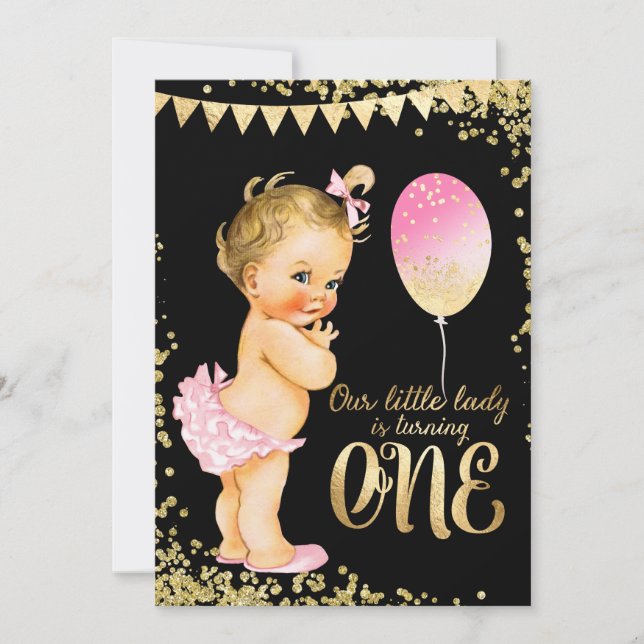 Girls 1st Birthday Gold Foil Glitzer Einladung (Vorderseite)