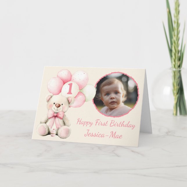 Girls 1st Birthday Photo Card Karte (Vorderseite)