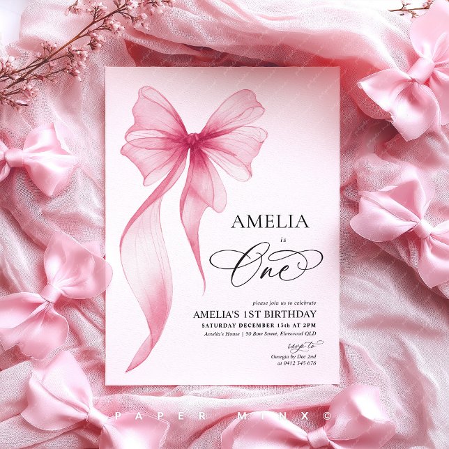 Girls 1st birthday pink bow coquette  einladung (Amelia is One! Pink Bow 1st birthday invitation)