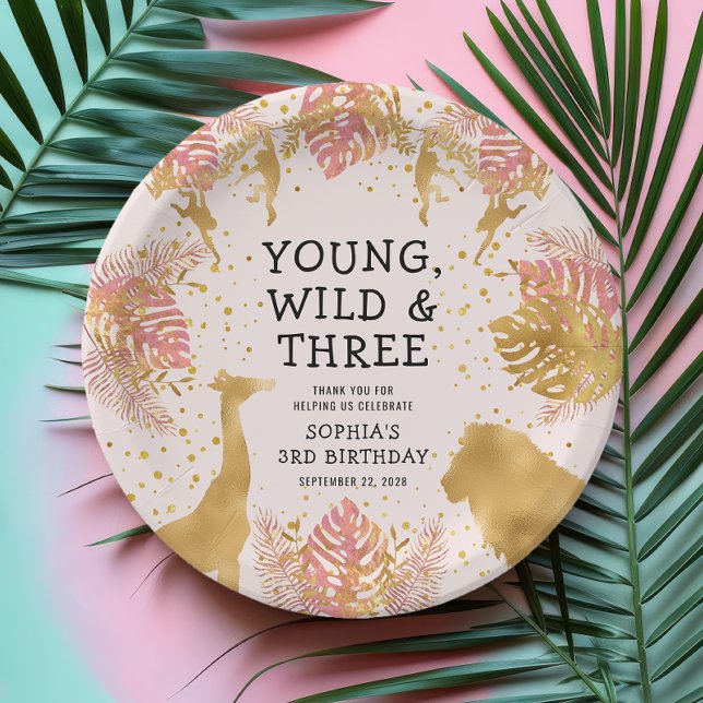 Girls 3. Geburtstag Party Pink Gold Safari Pappteller (Von Creator hochgeladen)