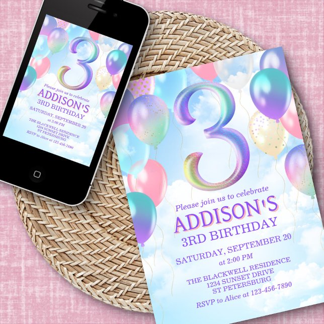 Girls 3. Geburtstag Rainbow Balloons Einladung (Von Creator hochgeladen)