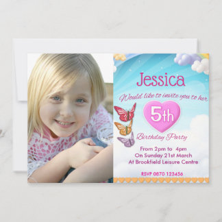 Girls 5th Birthday Party Photo Invite Butterflies Einladung