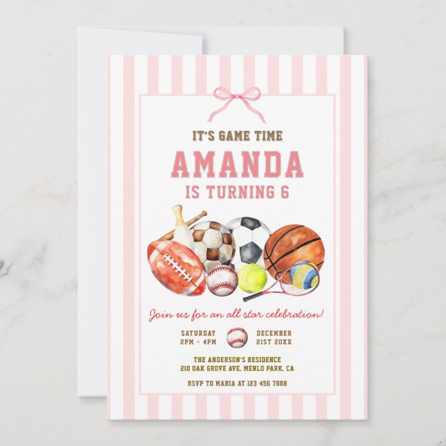 Girls All Star Sports Ball Games Birthday Party Einladung (Vorderseite)