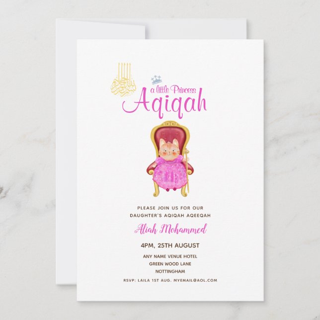 Girl's AQIQAH Baby Shower Geburtstag Princess Them Einladung (Vorderseite)