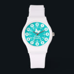 Girls aqua aquamarin & weiß Ganzname Armbanduhr<br><div class="desc">Grafische Kunstuhr mit einem einfachen weißen Schmetterling. Ideal für Mädchen Uhr Features sowohl Minuten und Stunden. Anpassen mit Ihrem vollständigen Namen Beispiel liest Fiona Smythe. Ideal für Schule und Sport,  da die Mädchen ihren vollen Namen haben.</div>