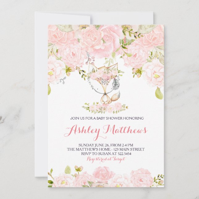 Girls Baby fox Baby Shower Einladungen (Vorderseite)