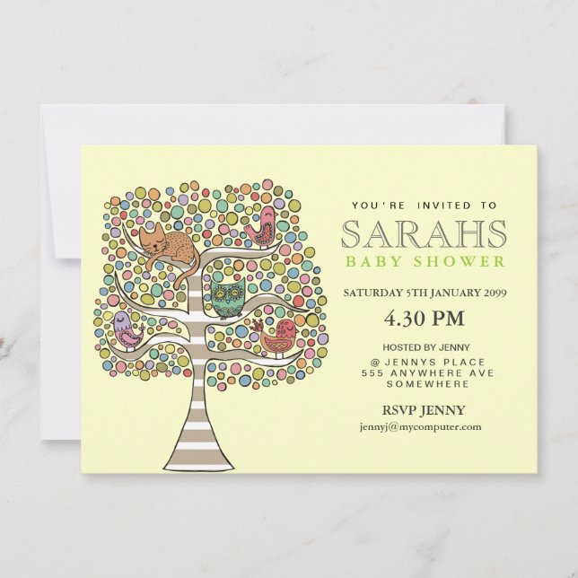 Girls Baby Shower Owl Cat & Birds Einladung (Vorderseite)