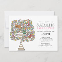 Girls Baby Shower Owl Cat & Birds Einladung