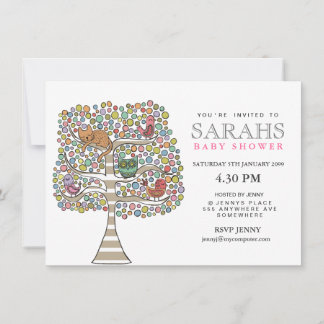 Girls Baby Shower Owl Cat & Birds Einladung