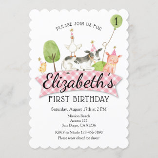 Girls Barnyard 1. Geburtstag Einladung