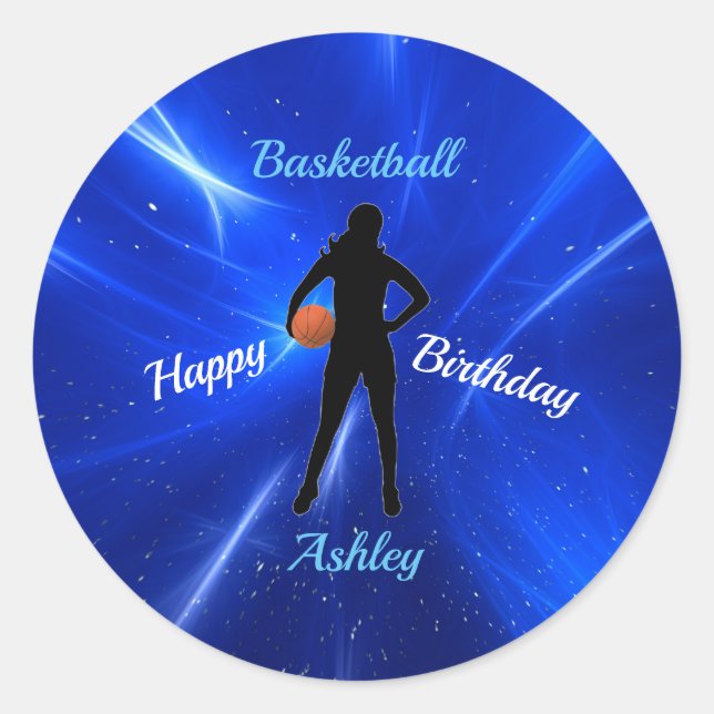 Girls Basketball Blue Geburtstag Runder Aufkleber (Vorderseite)