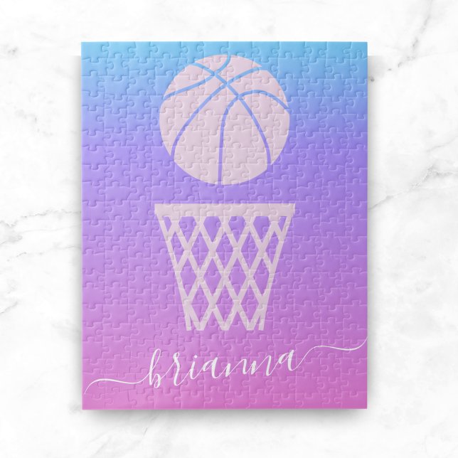 Girls Basketball Pink Lila Ombre Gradient & Name Puzzle (Von Creator hochgeladen)