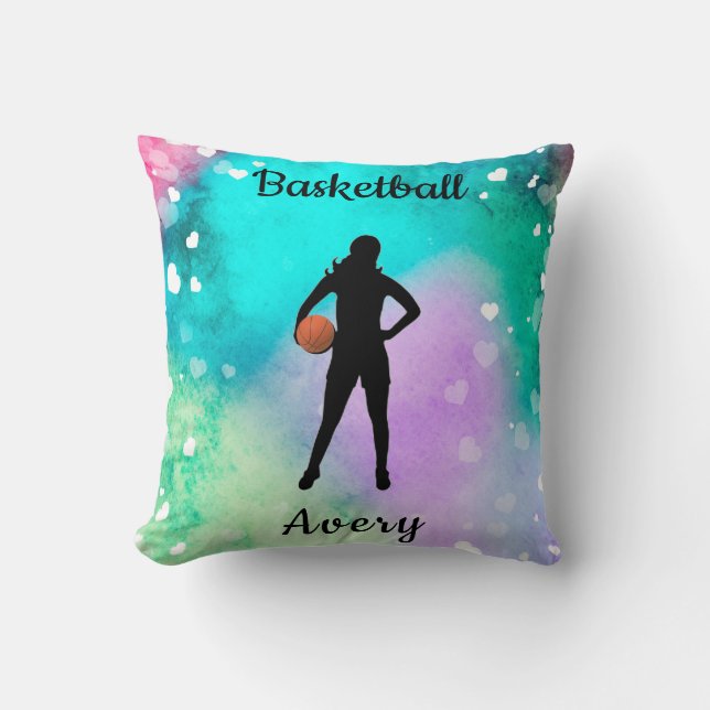 Girls Basketball Wasserfarbe mit schwimmenden Herz Kissen (Vorderseite)