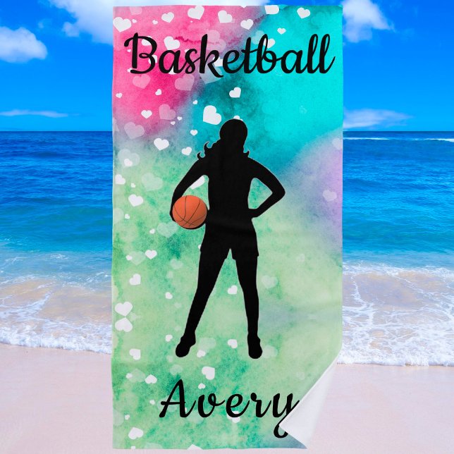Girls Basketball Wasserfarbe mit schwimmenden Herz Strandtuch (Von Creator hochgeladen)