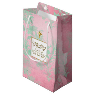 Girls Bautizo Pink Minze Green Damask Gold Cross Kleine Geschenktüte