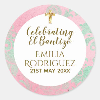 Girls Bautizo Pink Minze Green Damask Gold Cross Runder Aufkleber