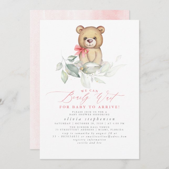 Girl's Bear Watercolor Greenery Baby Shower Einladung (Vorne/Hinten)