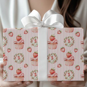 Girl's Berry 1. Geburtstag Strawberry Cupcake Geschenkpapier