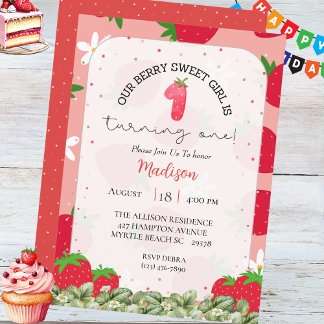 Girls Berry 1. Geburtstag Strawberry Party Einladung