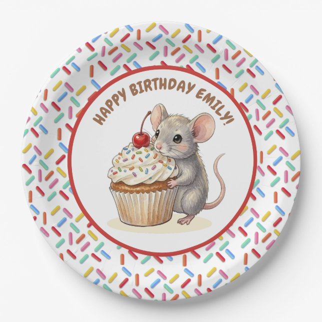 Girl's Birthday Party | Mouse & Cupcake   Pappteller (Vorderseite)