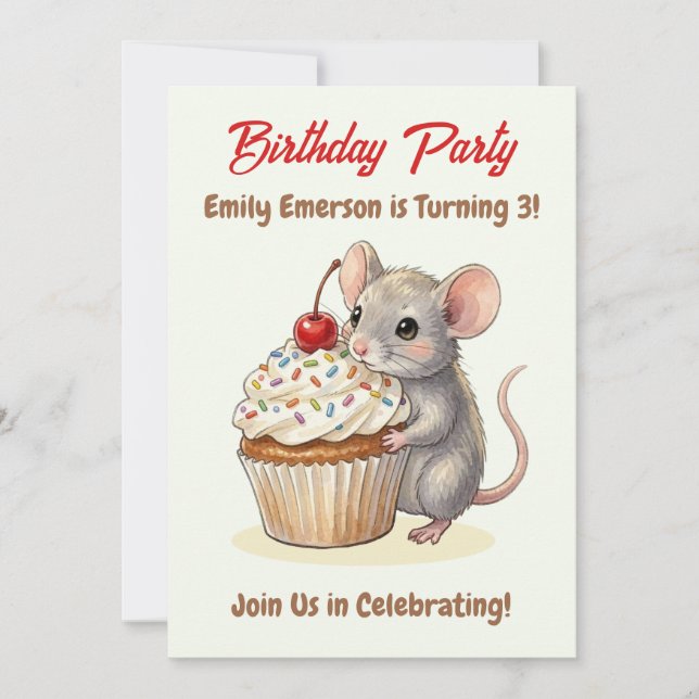 Girl's Birthday Party | Mouse & Cupcake Themed Einladung (Vorderseite)