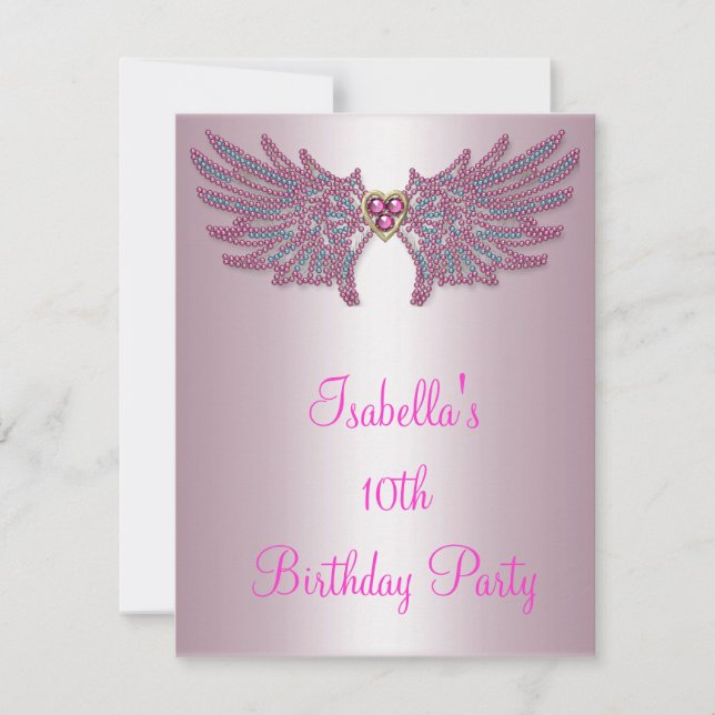 Girls Birthday Pink & Blue Jewel Angel Wings Einladung (Vorderseite)