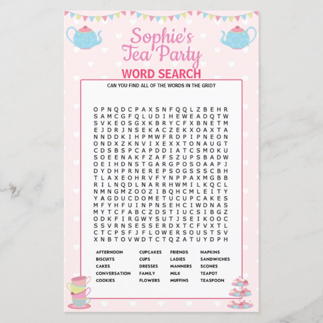 Girls Birthday Tee Party Word Search (Vorderseite)