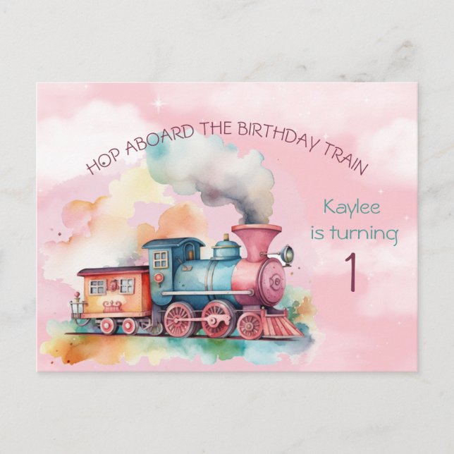 Girls Birthday Train Einladung Postkarte (Vorderseite)