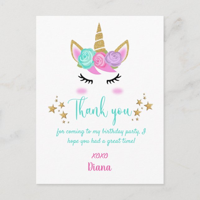 Girl's Birthday Unicorn Thema Danke Postkarte (Vorderseite)
