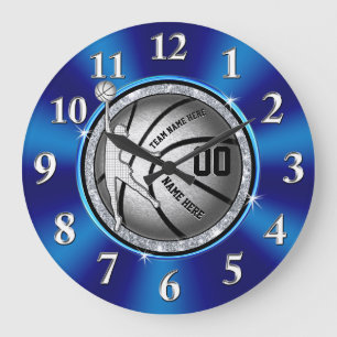 Girls blau, Silver Personalisiert Basketball Clock Große Wanduhr