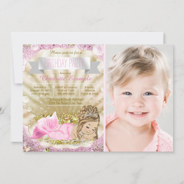 Girls Blonde Mermaid Birthday Party Einladung (Vorderseite)