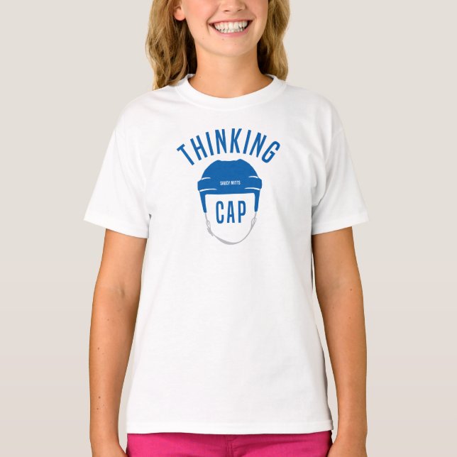 Girls Blue Hockey Helmet Thinking Cap T - Shirt (Vorderseite)