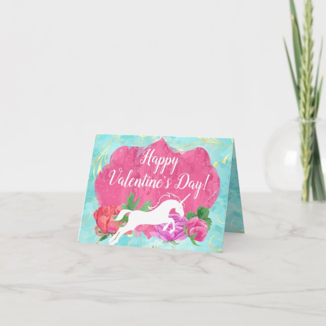 Girls Blume Einhorn Valentinstag Karte (Vorderseite)